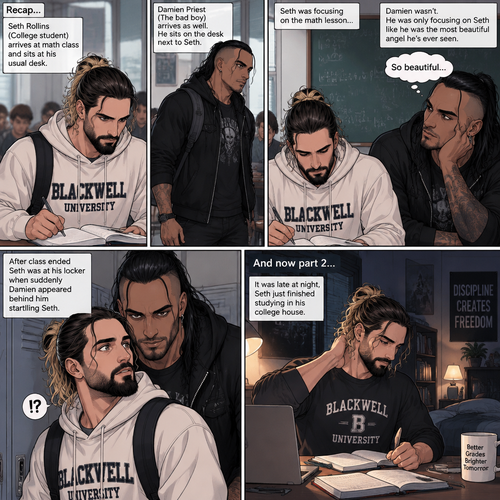 (Recap) Seth Rollins (College student) Arrives at math class and sits at his usual desk,Damien Priest (The bad boy) arrives as well,He sits on the desk next to Seth,Seth was focusing on the math lesson…Damien wasn’t,He was only focusing on Seth like he was the most beautiful angel he’s ever seen,”So beautiful” Damien thought in his mind,After class ended Seth was at his locker when suddenly Damien appeared behind him startling Seth. (And now part 2). It was late at night,Seth just finished studying in his college house