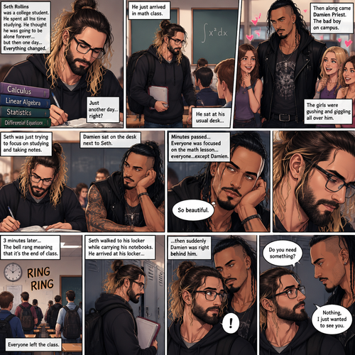 Seth Rollins was a college student,He spent all his time studying. He thought he was going to be alone forever…but then one day….Everything changed. He just arrived In math class,He sat at his usual desk…then along came Damien Priest,The bad boy on campus. The girls were gushing and giggling all over him. Seth was just trying to focus on studying and taking notes. Damien sat on the desk next to Seth. Minutes passed,Everyone was focused on the math lesson…everyone…except Damien. He was focused on only one thing…Seth. He was looking at Seth like he was the most beautiful angel he’s ever seen. “So beautiful” Damien said in his mind. 3 minutes later,The bell rang meaning that it’s the end of class,Everyone left the class. Seth walked to his locker while carrying his notebooks,He arrived at his locker….then suddenly Damien was right behind him. Seth was startled. Damien was just staring at him. “Do you need something?” Asked Seth. “Nothing,I just wanted to see you” Said Damien