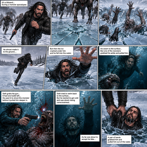 It’s a blizzard…During a monster apocalypse. Seth Rollins was on the run from a group of monsters. He ended up on ice over a frozen lake. The ice began to crack under the group of monsters combined weight. Seth kept running while the monsters fell through the ice and ended up in the water. He almost made it to the ground….But then the ice cracked under him and he fell into the water. He swam to the surface…but one of the monsters grabbed his ankle and pulled him. Seth grabs his gun…it had one bullet left…He used it to shoot the monster before it pulled him deeper in the cold water. Seth tried to swim back to the surface…But he started to get cold and was slowly losing consciousness. As he was about to accept his fate….A pair of hands grabbed him and pulled him out of the water