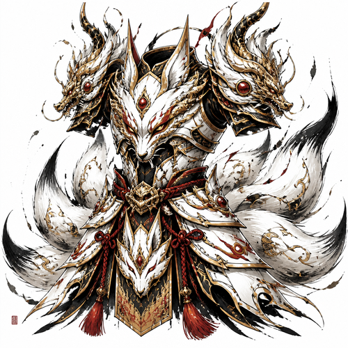Fuse Oni, loung dragon,9 tail fox into a 9 tail fox style chest and waist armor that has all the best appearance from Fuse Oni, loung dragon,9 tail fox. Only show final product. Colors white,gold,red,black.details 10% 