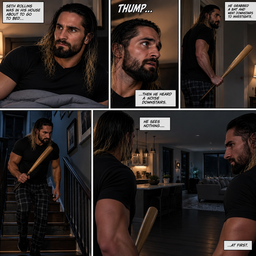 Seth Rollins was in his house about to go to bed…then he heard a noise downstairs. He grabbed a bat and went downstairs to investigate. He sees nothing….at first