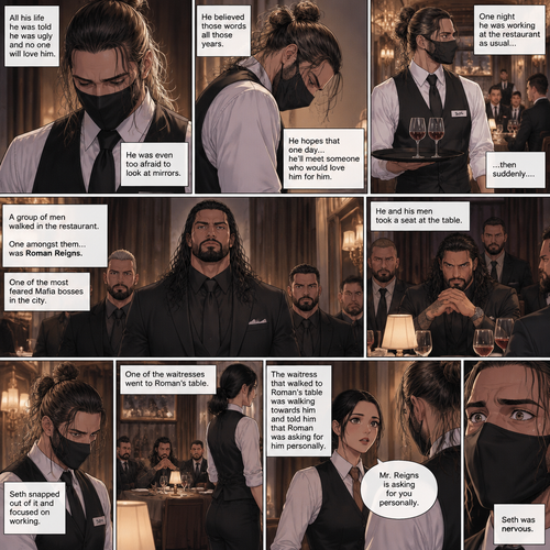 Seth Rollins is a waiter at a fancy restaurant,He’s wearing a mask that covers his face. The reason for that is heartbreaking. All his life he was told he was ugly and no one will love him. He was even too afraid to look at mirrors. He believed those words all those years. He hopes that one day…he’ll meet someone who would love him for him. One night he was working at the restaurant as usual…then suddenly….a group of men walked in the restaurant,One amongst them…was Roman Reigns,One the most feared Mafia bosses in the city. He and his men took a seat at the table. He snapped out of it and focused on working,One of the waitresses went to Roman’s table. As Seth was about to walk to another table…the waitress that walked to Roman’s table was walking towards him and told him that Roman was asking for him personally. Seth was nervous. (End of part 1)