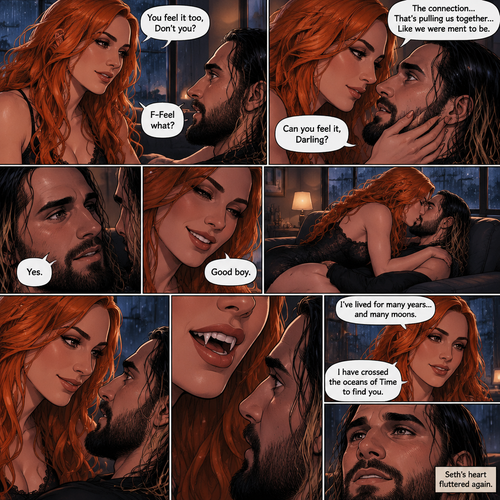 Part 2.The setting is still at Seth Rollins’s house,It’s still raining outside.”You feel it too,Don’t you” Asked Becky Lynch. “F-Feel what?” Asked Seth Rollins nervously.Becky gets closer to Seth. “The connection…That’s pulling us together…Like we were ment to be” Becky said softly.Seth’s heart fluttered.Becky can hear it,She gently puts her hand on his cheek and leaned towards him. “Can you feel it,Darling?” Becky Asked Softly.Something about her voice made Seth unable to resist her. “Yes” Seth whispers. “Good boy” Becky whispers.Their lips connect softly,Becky gently pushes Seth on his back on the couch while they kiss.They eventually pull away and look at each other.Becky smiles gently at him,That’s when….Seth Notices vampire fangs in her teeth,He was bewildered…But not scared. “I’ve lived for many years…and many moons” Becky said softly. “I have crossed the oceans of Time to find you” Becky said softly.Seth’s heart fluttered again