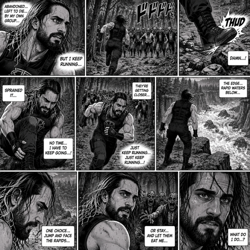 We’re in the woods during a zombie apocalypse,Someone was running…and that someone…is Seth Rollins. He was running from a zombie horde after being abandoned and left to die by his own group. He kept running….Till he tripped on a rock and sprained his ankle. The zombie horde was gaining on Seth,So he kept running despite the pain in his ankle. He was running and running….till he got to the edge of a cliff. He looks down,There was rapid water at the bottom. He turned around…the Zombie horde was getting closer. At this point…Seth had two choices,Either let the zombies eat him..or jump into the rapids
