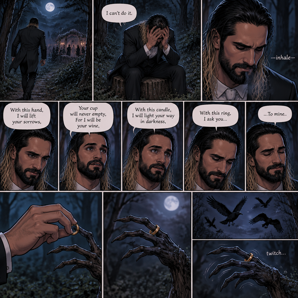 (Part 1 of the corpse bride,Seth x Becky style). Seth Rollins was walking in the woods alone at night after running away from a wedding rehearsal. After a while He sat at a tree stump,he puts his head in his hands. “I can’t do it” Seth said to himself. He took a deep breath. He began practicing his vows,”With this hand,I will lift your sorrows,Your cup will never empty,For I will be your wine,With this candle,I will light your way in darkness,With this ring,I ask you…To mine”. He puts the wedding ring on a tree branch that suspiciously looks like a ring finger. Then the crows flew by,Then….The branch the suspiciously looked like a hand…twitched