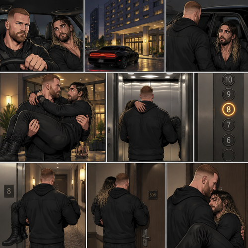 (Recap) Jon Moxley and Seth Rollins were fighting each other in a main event match against each other,Then Jon did something unexpected,He cupped his hands on Seth’s face,pulled him in and kissed him,the fans and some of the other wrestlers were shocked,Jon pulled away,Seth stood there stunned,Jon walked out of the ring and walked up the ramp,Seth eventually snapped out of it,he left the ring and ran to Jon,he wanted to know why Jon kissed him,Jon stopped walking and looked at Seth,He wrapped his arm around Seth’s waist and pulled him close,He whispered In Seth’s ear “I guess I haven’t made myself clear”,He put Seth over his shoulder and walked to the parking lot,He put Seth in the car and got in the driver seat and drove off. (And now part 2). After 20 minutes of driving Jon pulled into the parking lot of a hotel,He parked the car. He got out of the car and walked to the passenger seat. Before Seth could ask what’s going on Jon opened the door and lifted Seth in his arms,Then he walked into the hotel while holding Seth.He got in the elevator. When the elevator got to the 8th floor Jon walked out. He walked to his hotel room with Seth still in his arms