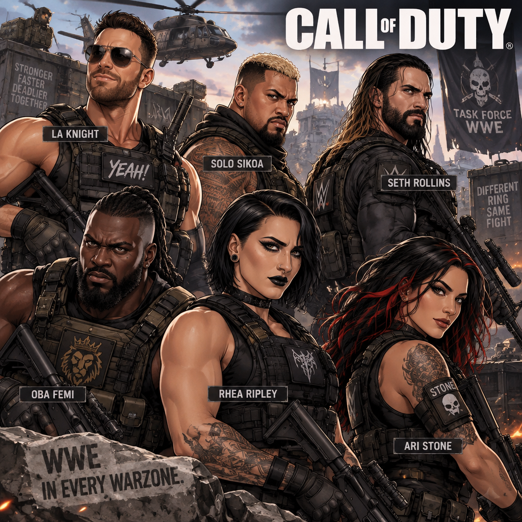 LA Knight,Solo Sikoa,Seth Rollins,Oba Femi,Rhea Ripley and Ari Stone (My Female wrestler oc) in Call of Duty
