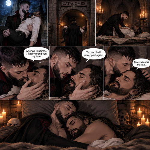 (Vampire Finn Bálor x Reincarnated Seth Rollins part 2) The Person was still walking in the night with the unconscious Seth in his arms. He walked to the catacombs,He entered the catacombs. He puts Seth on a makeshift bed,Then he looks at Seth. He still couldn’t believe that his long lost love had came back to him…Reincarnated. This time…He was determined to protect him. He gently kissed Him,then he gently placed his hand on his cheek. “After all this time…I finally found you my love” The person said softly. “You and I will never part again” The person said softly. The person laid down beside Seth on the bed,Then he gently pulled Seth in his embrace. He gently kissed his forehead. “Sweet dreams my love” The person said softly. Then he fell asleep