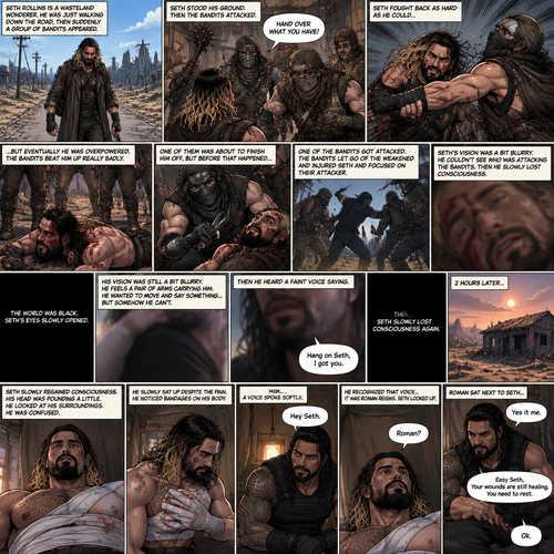 (Recap).Seth Rollins is a wasteland wonderer,He was just walking down the road,Then suddenly A group of bandits appeared,Seth stood his ground,Then the bandits attacked and Seth fought back,He fought back as hard as he could,but eventually he was overpowered,The bandits beat him up really badly,One of them was about to finish him off but before that happened One of the bandits got attacked,The bandits let go of the weakened and Injured Seth and focused on their attacker,Seth’s vision was a bit blurry,he couldn’t see who was attacking the bandits,then he slowly lost consciousness. (And now part 2). The world was black. Seth’s eyes slowly opened,His vision was still a bit blurry. He feels a pair of arms carrying him. He wanted to move and say something…but somehow he can’t. Then he heard a faint voice saying “Hang on Seth,I got you”. It sounded familiar to Seth. Then…Seth slowly lost consciousness again. 2 hours later,Seth slowly regained consciousness. His head was pounding a little. He looked at his surroundings. He was confused. He slowly sat up despite the pain. He noticed bandages on his body,Then….A voice spoke softly “Hey Seth”. He recognized that voice…it was Roman Reigns. Seth looked up. “Roman?” Seth asked softly. Roman Sat next to Seth. “Yes it me” Roman said softly. Seth tried to get up but Roman stopped him. “Easy Seth,Your wounds are still healing,You need to rest” said Roman. “Ok” Seth said softly