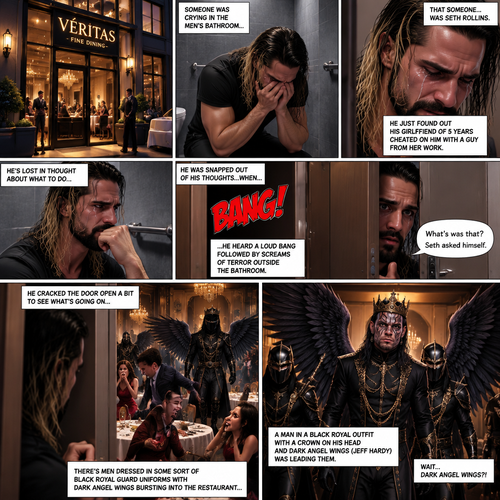 There’s a fancy restaurant,Someone was crying in the men’s bathroom,That someone…was Seth Rollins. He just found out his girlfriend of 5 years cheated on him with a guy from her work. He’s lost in thought about what to do,He was snapped out of his thoughts…when….he heard a loud bang followed by screams of terror outside the bathroom. “What’s was that?” Seth asked himself. He cracked the door open a bit to see what’s going on,There’s men dressed in some sort of black royal guard uniforms With dark angel wings bursting into the restaurant…wait…Dark angel wings?! A man in a black royal outfit with a crown on his head and dark angel wings (Jeff Hardy) was leading them