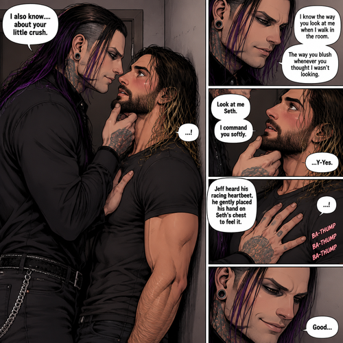 (Recap). Seth Rollins was called into Jeff Hardy’s office,“Is there something wrong Mr.Hardy?” Seth asked nervously,Jeff looked at Seth with a serious expression,“I know you saw me last night” said Jeff,Seth had a fearful expression on his face but tried to keep it cool,“I’m sorry…I don’t know what you’re talking about” said Seth,“Don’t play dumb with me Seth,I know that you know my secret” said Jeff,Seth’s heart was pounding. He was about to run to the door,but Jeff used his vampire speed to get there first and locked it,“You’re not going anywhere” Said Jeff. He slowly walked towards Seth,Seth slowly walked backwards,“Please don’t hurt me,I-I won’t tell anyone” Seth said,His back hit the wall,Jeff stood right in front of Seth,He pinned Seth to the wall. (And now part 3). Jeff looked into Seth’s eyes. “I also know….about your little crush” Said Jeff. Seth got nervous. “I know the way you look at me when I walk in the room,The way you blush whenever you thought I wasn’t looking” Jeff said softly. Jeff gently lifted Seth’s chin. “Look at me Seth” Jeff commanded softly. Seth’s heart fluttered. Jeff heard it,he gently placed his hand on Seth’s chest to feel his heartbeat. Seth gasped softly under Jeff’s touch. Jeff gave a smug smile