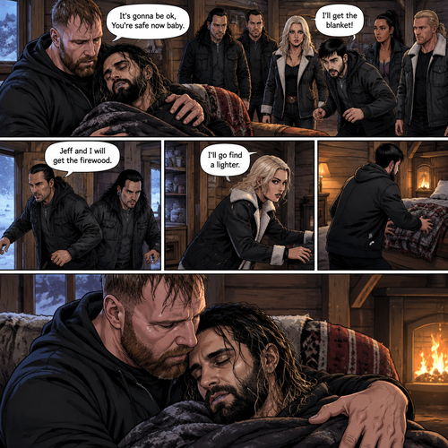 (The monster apocalypse/Moxollins story part 2) Jon Moxley made it out of the blizzard and into a cabin With the Cold and barely conscious Seth Rollins in his arms. His group of survivors (Matt and Jeff Hardy,Toni Storm,Wheeler Yuta,Indi Hartwell and Nic Nemeth) were there too. Jon Sat down on the couch and held Seth. “I’ll get the blanket!” Said wheeler,Then he ran to find a blanket. “Jeff and I will get the firewood” Said Matt,Then Matt and Jeff ran to find firewood. “I’ll go find a lighter” Said Toni,Then she ran to find a lighter. Seth was shivering due to the cold. “It’s gonna be ok,You’re safe now baby” Jon said softly