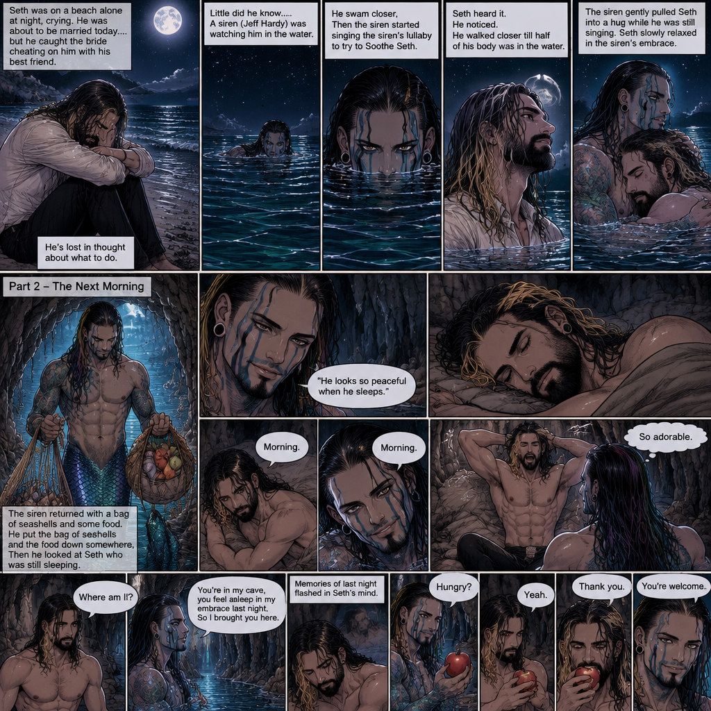 (Recap)Seth Rollins was on a beach alone at night crying because He was about to be married today….but he caught the bride cheating on him with his best friend,He’s lost in thought about what to do,Little did he know…..A siren (Jeff Hardy) was watching him in the water,he swam closer,Then the siren started singing the siren’s lullaby to try to Soothe Seth,Seth heard it,He noticed. He walked closer till half of his body was in the water,The siren gently pulled Seth into a hug while he was still singing,Seth slowly relaxed in the siren’s embrace. (And now part 2) The next morning,we’re in the siren’s cave,Seth was asleep in some sort of makeshift bed. The siren returned with a bag of seashells and some food. He put the bag of seashells and the food down somewhere,Then he looked at Seth who was still sleeping. “He looks so peaceful when he sleeps” Said the siren. Then Seth slowly woke up. “Morning” The Siren said softly. “Morning” Seth said in a sleepy tone. Seth slowly sat up and stretched his arms out while he yawned. The siren smiled. “So adorable” the siren said in his mind. Seth looked at his surroundings. “Where am I?” Seth asked softly. “You’re in my cave,you feel asleep in my embrace last night,So I brought you here” The siren said softly. Memories of last night flashed in Seth’s mind. The siren grabbed an apple and handed it out to Seth. “Hungry?” The siren asked. “Yeah” Seth said softly. He takes the apple from the siren,Then he took a bite. “Thank you” said Seth. “You’re welcome” said The siren