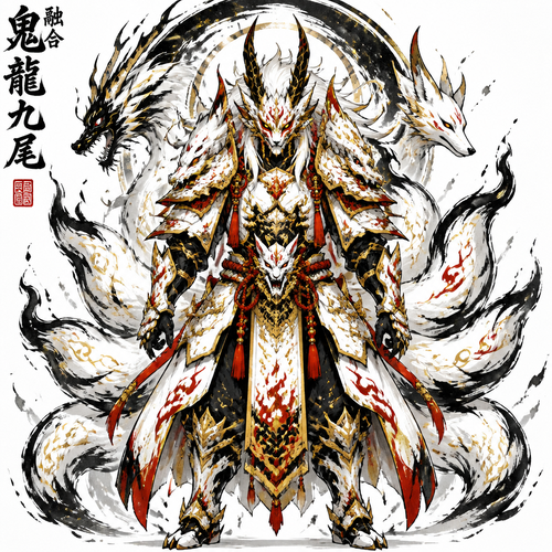 Fuse Oni, loung dragon, 9 tail fox into a armor that has all the best appearance from Fuse Oni, loung dragon, 9 tail fox. Only show final product. Colors white,gold,red, black. Front view