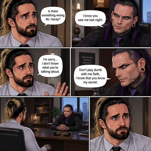 (Recap) Seth Rollins was working at an office building,Last night he saw a vampire in an alley on his way home from the grocery store,he recognized him as his boss Jeff Hardy,he quietly ran home hoping he wasn’t spotted by Jeff,He hadn’t slept well after that,Jeff’s assistant Jessica approached Seth at his desk and told him that Jeff wanted to see him in his office,Dread washed over Seth’s face,he walked to Jeff’s office and knocked on the door,”Come in” said Jeff,Seth walked in,Jeff told him to close the door and take a seat,Seth did what he said. (And now part 2). “Is there something wrong Mr.Hardy?” Seth asked nervously. Jeff looked at Seth with a serious expression. “I know you saw me last night” said Jeff. Seth had a fearful expression on his face but he tried to keep it cool. “I’m sorry…I don’t know what you’re talking about” said Seth. “Don’t play dumb with me Seth,I know that you know my secret” Said Jeff