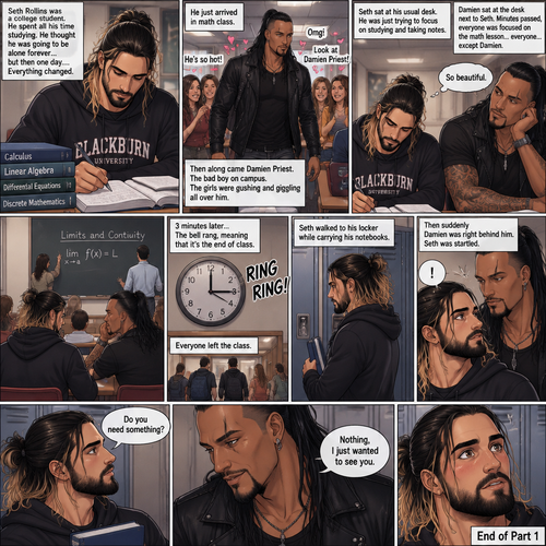 Seth Rollins was a college student,He spent all his time studying. He thought he was going to be alone forever…but then one day….Everything changed. He just arrived In math class,He sat at his usual desk…then along came Damien Priest,The bad boy on campus. The girls were gushing and giggling all over him. Seth was just trying to focus on studying and taking notes. Damien sat on the desk next to Seth. Minutes passed,Everyone was focused on the math lesson…everyone…except Damien. He was focused on only one thing…Seth. He was looking at Seth like he was the most beautiful angel he’s ever seen. “So beautiful” Damien said in his mind. 3 minutes later,The bell rang meaning that it’s the end of class,Everyone left the class. Seth walked to his locker while carrying his notebooks,He arrived at his locker….then suddenly Damien was right behind him. Seth was startled. Damien was just staring at him. “Do you need something?” Asked Seth. “Nothing,I just wanted to see you” Said Damien (End of part 1)
