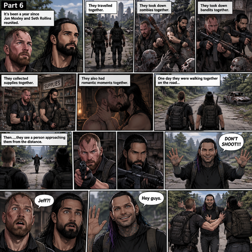 (Part 6). Still in the zombie apocalypse. “it’s been a year since Jon Moxley and Seth Rollins reunited. They travelled together,They took down zombies together,They took down bandits together,They collected supplies together,They also had romantic moments together. One day they were walking together on the road…Then…..they see a person approaching them from the distance. They raise their weapons at the person just to make sure that the person wasn’t a threat. The person raised his hands and shouted “DON’T SHOOT!!!”. They recognized that voice…It was Jeff Hardy. They were shocked. Jeff waved at them and said “Hey guys”. Jon and Seth lowered their weapons and ran towards him 