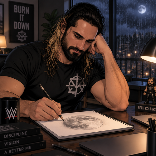 It was a rainy night outside,Seth Rollins was alone in his house,He drawing a picture of the moon on his notebook