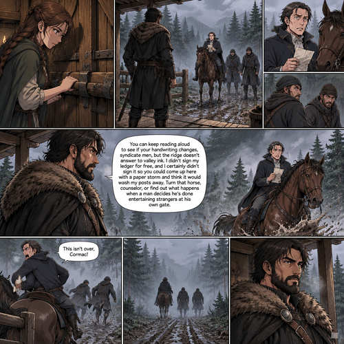 The second bar groaned, a heavy, scraping protest of oak against stone as Patrixia turned it, steadying the weight before stepping back from the wood. The barrier was set. They were not crossing that threshold without going through the timber first.
Outside, the man on the horse shifted his weight, the parchment trembling in a hand that had already lost its nerve. Behind him, two figures on foot exchanged a tense look, their boots sucking at the mud. One of them began to drift left, trying to angle toward the side of the porch steps.
Cormac’s voice cut across the mud like a flat blade, stopping the man cold without Cormac even looking away from the gate.
"You can keep reading aloud to see if your handwriting changes, syndicate men, but the ridge doesn't answer to valley ink," Cormac said, his shoulders squaring against the gray mist. "I didn't sign my ledger for free, and I certainly didn't sign it so you could come up here with a paper storm and think it would wash my posts away. Turn that horse, counselor, or find out what happens when a man decides he's done entertaining strangers at his own gate."
The horse whinnied, uneasy, and stomped once, throwing a heavy spray of wet mud against the bottom rail. The wind picked up right then, driving the mist sideways and howling through the pine needles. Inside, Patrixia stood with her hand hovering just an inch over the wood, listening to every word, her pulse jumping in time with the wind. Cormac stood completely alone between the intruders and his home—a line drawn in bone and muscle that wouldn't move a single inch.
The silence that followed was absolute, save for the wind. The counselor looked at the unyielding wall of a man on the porch, then down at the useless parchment in his hand. With a jerky, humiliated motion, he shoved the paper into his coat and hard-reined his mount around.
"This isn't over, Cormac!" the counselor yelled over his shoulder, though his voice cracked against the gale.
The two men on foot didn't wait for a second invitation. They scrambled backward into the gray fog, following the retreating, squelching rhythm of the horse's hooves until the mountain swallowed them whole.
Only then did Cormac let out a slow, fog-rimmed breath. He didn't drop his guard immediately, scanning the misty tree line for a full minute before he finally turned back toward the cabin door.