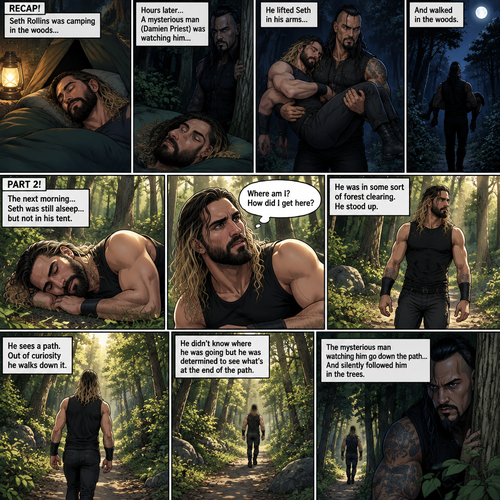 (Recap!) Seth Rollins was camping in the woods,Then went to sleep hours later,A mysterious man (Damien Priest) was watching him,He lifted Seth in his arms and walked in the woods. (Now onto part 2!).The next morning,Seth was still asleep…but not in his tent,He eventually woke up.He looked at his surroundings,He was confused. “Where am I?,How did I get here?” Seth asked himself. He was in some sort of forest clearing,He stood up.He sees a path,Out of curiosity he walks down it.He didn’t know where he was going but he was determined to see what’s at the end of the path.The mysterious man watching him go down the path…and silently followed him in the trees. (End of part 2)
