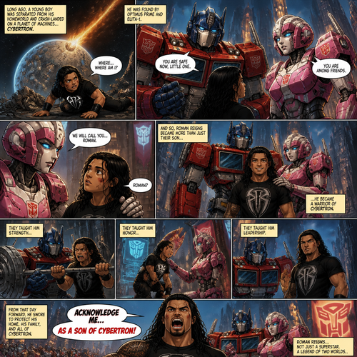 WWE superstar Roman Reigns ended up on the planet Cybertron when he was a kid and ends up adopted by Optimus Prime and Elita-1