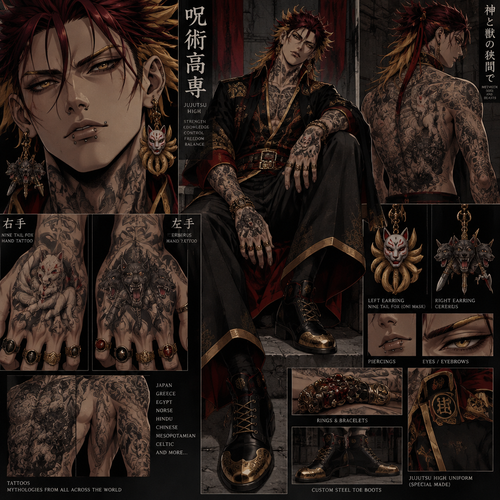 Anime character jujitsu Kaisen style long spiked hair with crimson red tag the top and about half way down it turns a vicious gold, eyebrows are gold just the same as the tips of hair. Eyes. Nose is just a Generic bottom lip Is a little bit  bigger than the top lip. Jawline is sharp clean imposing. Ears are pierced with dangling earrings the left earring is a 9 tail fox wearing a oni mask the right earring is Cerberus each head holding a different weapon in each mouth wears a special made jujitsu high uniform that is gold black and red his shoes are low cut light weight pointed steel toe boots. tattoos all over his body representing mythology from all across the world his hand tattoos represent a nine tail fox wearing a oni mask and Cerberus holding a weapon in each mouth, nine tail fox hand tattoo is on the right hand Cerberus tattoo is on the left hand. has all types of rings on his hands, bracelets going up to half of his forearms, has nose and lip piercings.