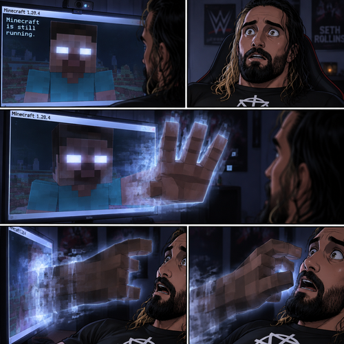 (part 2) Minecraft is still running. Herobrine still stared at Seth Rollins through the webcam. Seth was still paralyzed from fear. Herobrine put his hand on the screen…it went through