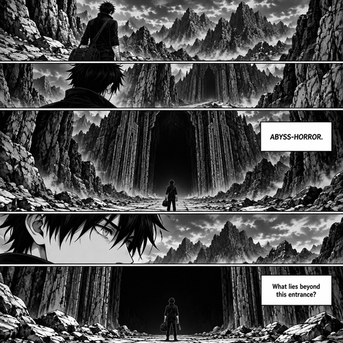 DRAGON STRIKERS

PAGE 7 — THE ENTRANCE OF ABYSS-HORROR

FORMAT: One complete portrait-oriented Japanese manga page, black-and-white, dark fantasy atmosphere, detailed ink work, dramatic shadows, screentones, and cinematic environmental art. Use five clearly separated panels with readable text.

CHARACTER CONSISTENCY — SORA AMAMIYA

Use the supplied Sora Amamiya character reference sheet as the definitive visual reference.

* Age: 17.
* Height: 178 cm.
* Build: Slim and athletic.
* Hair: Messy, layered jet-black hair with sharp, irregular spikes and uneven bangs.
* Eyes: Sharp, light-grey eyes with dark pupils.
* Face: Youthful, defined facial features and sharp eyebrows.
* Outfit: Fitted black high-collar jacket with silver buttons, dark shirt, black trousers, black belt with a rectangular silver buckle, and black lace-up combat boots.
* Wrists: White bandages wrapped around both wrists and partially over both hands.
* Bag: One dark travel bag carried by Sora.

Keep his hairstyle, eyes, face, proportions, clothing, wrist wraps, and bag consistent in every panel. Do not change his outfit or add weapons, clan symbols, or accessories.

PANEL 1 — THE ROAD ENDS

Layout: Wide horizontal panel across the top.

Camera: Rear view of Sora standing on a rocky path.

Scene: The winding road has led Sora into a remote, rugged landscape. Jagged cliffs rise on either side, and dark clouds gather above distant mountains. The familiar open scenery from the previous pages gradually gives way to harsher terrain.

Sora stands in the foreground, holding his travel bag and looking ahead.

No other characters are present.

PANEL 2 — SOMETHING AHEAD

Layout: Narrow horizontal panel.

Camera: Over-the-shoulder view from behind Sora.

Scene: Far ahead, between towering dark rock formations, an enormous entrance is visible. It appears carved into the landscape, surrounded by steep cliffs and deep shadows.

The entrance is so distant that its inner details cannot be seen. Do not show anything living inside it.

Sora is looking directly toward the entrance.

PANEL 3 — THE ENTRANCE OF ABYSS-HORROR

Layout: Large central panel occupying the middle of the page.

Camera: Extreme wide shot from behind Sora, emphasizing the scale of the entrance.

Scene: A colossal, ominous gateway stands between immense rock walls. The ground leading toward it is uneven and barren. Dense black shadows fill the opening, concealing whatever lies beyond.

Use sharp rock textures, heavy ink blacks, and thin white highlights along the edges of the cliffs. The entrance should feel ancient, imposing, and deeply unsettling.

Sora appears small in the foreground, making the gateway look enormous.

NARRATION BOX:
“ABYSS-HORROR.”

Make the name clear and correctly spelled.

PANEL 4 — SORA’S REACTION

Layout: Close-up panel.

Camera: Side profile of Sora’s face.

Scene: His sharp, light-grey eyes remain fixed on the entrance. His black bangs fall naturally across his forehead. His expression is serious and attentive.

Do not give him an exaggerated terrified expression. He is observing the entrance, and his exact emotions beyond that are left open.

No dialogue.

PANEL 5 — BEYOND THE GATE

Layout: Wide final panel across the bottom of the page.

Camera: Distant rear view of Sora facing the enormous entrance.

Scene: Sora stands before the dark opening, his travel bag at his side. The towering rock walls rise around him, and the entrance disappears into complete darkness.

The darkness must conceal the interior. Show no monsters, silhouettes, chains, supernatural beings, or hidden characters.

Use a strong contrast between Sora’s black silhouette, the pale rock highlights, and the pitch-black entrance.

NARRATION BOX:
“What lies beyond this entrance?”

FINAL ART DIRECTION

Maintain continuity with Page 6. Use the same Sora reference design and the same black-and-white manga style as all previous pages.

The scene should establish the entrance of Abyss-Horror as a mysterious destination. Do not invent its inhabitants, history, powers, traps, symbols, or internal geography.

Do not show Hugurumi.

Keep all narration legible and correctly spelled. Do not add any extra dialogue or text.