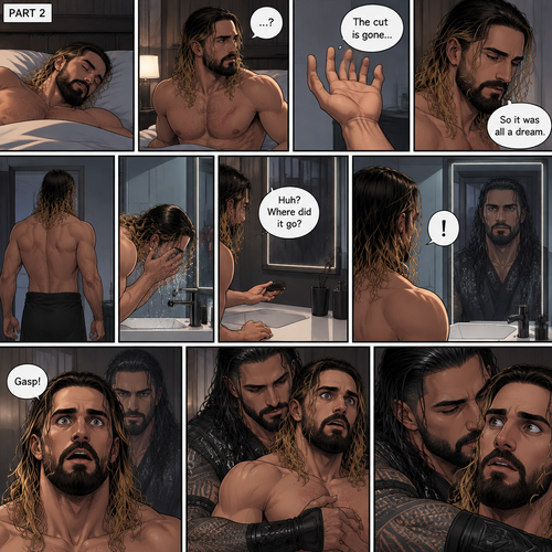 (Recap) Seth Rollins Was walking in the forest near his house,he discovered a statue of a sorcerer (Roman Reigns),he finds a hole on it,then he accidentally cuts his hand,A little bit of his blood dripped in the hole,then it broke apart…revealing the sorcerer himself,Seth was shocked,the sorcerer grabbed Seth’s wrist and pulled him closer,He looked at Seth’s eyes,then he used a spell to make Seth sleep,then he lifted Seth in his arms. (And now part 2). Seth was asleep on his bed,then he woke up. He sat up confused. He looked at his hand…the cut was gone. “So it was all a dream” Seth said to himself. He got up and walked to the bathroom,then he splashed cold water on his face. He reached for his hairbrush….it wasn’t there. “Huh? Where did it go?” Seth asked himself. He looks at the mirror….and sees the sorcerer. Seth gasped. The sorcerer grabs Seth from behind