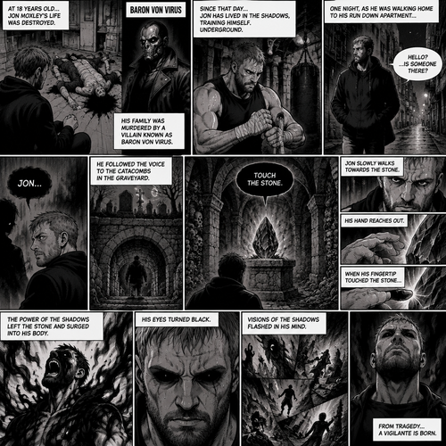 Jon Moxley as a vigilante born from tragedy. When he was 18 years old his family was murdered by a villain known as Baron Von Virus. Since then he had been training himself underground. One night he was walking home to his run down apartment…then he heard a mysterious voice call out his name. “Hello?…Is someone there?” Jon asked. It called out his name again. He followed the voice to the catacombs in the graveyard. Up ahead…He sees something glowing. It was some sort of stone…a shadow stone. Then the voice repeats “Touch the Stone”. Jon slowly walks towards the stone,His hand reaches out. When his fingertip touched the stone…the power of the shadows left the stone and surged into His body. His eyes turned black as visions of the shadows flashed in his mind