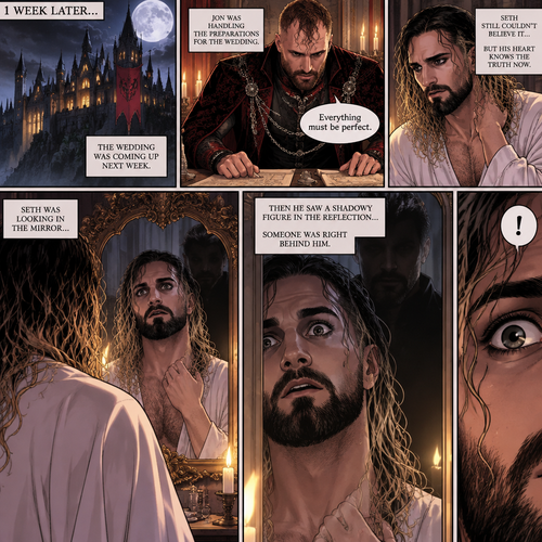 (Recap)Jon Moxley (The vampire king) and Seth Rollins (The vampire hunter…well now The bride Of Jon Moxley) were at the royal feast,Seth was stunned because Jon announced that Seth was his bride,Jon also said that the wedding would take place in 2 weeks,Seth just sat there stunned,Jon sat down and wrapped his arm around Seth and pulled him close,He gently kissed Seth’s forehead,Seth’s heart fluttered,Jon heard it and said “you’re cute,My little hunter”. (And now part 6). 1 week had passed,the wedding was coming up next week. Seth still couldn’t believe it…but his heart knows the truth now. Jon was handling the preparations for the wedding. Seth was looking in the mirror…then he saw a shadowy figure in the reflection…someone was right behind him