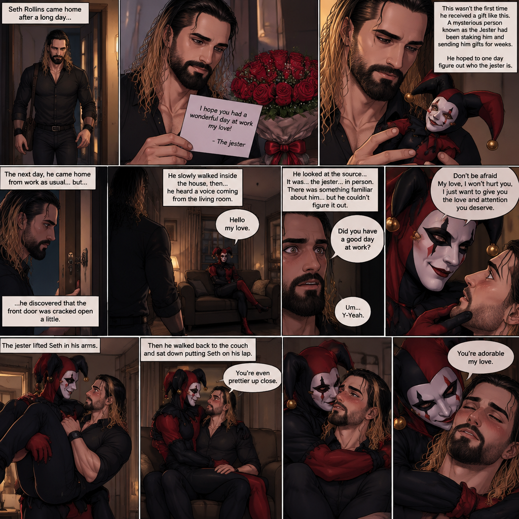 Seth Rollins came home after a long day,He discovered a bouquet of roses on his table. He reads the card,it says “I hope you had a wonderful day at work my love!-The jester”. This wasn’t the first time he received a gift like this. A mysterious person known as the Jester had been stalking him and sending him gifts for weeks. He was never able to figure who this person is. The first gift he received from the jester was a jester doll. He hoped to one day figure out who the jester is. The next day,he came home from work as usual….but….he discovered that the front door was cracked open a little. He got tense and approached with caution. He slowly walked inside the house,then….he heard a voice coming from the living room “Hello my love”. He looked at the source….it was…the jester….in person,Sitting on Seth’s couch. There was something familiar about him…but Seth couldn’t figure it out. “Did you have a good day at work?” Asked the Jester. Seth was a little nervous. “Um…Y-Yeah” said Seth. Seeing how nervous Seth was The Jester slowly walked towards Seth. He gently lifted Seth’s chin. “Don’t be afraid My love,I won’t hurt you,I just want to give you the love and attention you deserve” the jester said softly. Seth blushed a little. The jester lifted Seth in his arms,Then he walked back to the couch and sat down putting Seth on his lap. “You’re even prettier up close” the jester said softly. Seth’s heart fluttered. The jester Wrapped his arms around Seth. “You’re adorable my love” The jester said softly