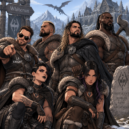 LA Knight,Solo Sikoa,Seth Rollins,Oba Femi,Rhea Ripley and Ari Stone (My wrestler oc) in Skyrim