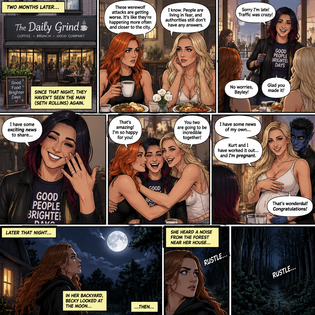 (Part 2 of the Werewolf X human story). It’s been two months since the night Becky Lynch and Her friends Charlotte Flair and Bayley saved the Man (Seth Rollins). They haven’t seen him since. Becky and charlotte were having brunch at a cafe,They were talking about the recent werewolf attacks. Then Bayley showed up late….with a happy grin on her face. She apologized for being late and sat at the table. Then she said she’s has some exciting news to share with the two of them….Finn Bálor proposed to her last night…and she said yes. Becky and Charlotte were happy and excited for Bayley. Then Charlotte said she’s has some news of her own. She and her husband (Kurt Wagner a.k.a nightcrawler) have worked it out…and She’s pregnant. Becky and Bayley were happy and excited for Charlotte. Later that night,Becky was in her backyard looking at the moon…then…She heard a noise from the forest near her house