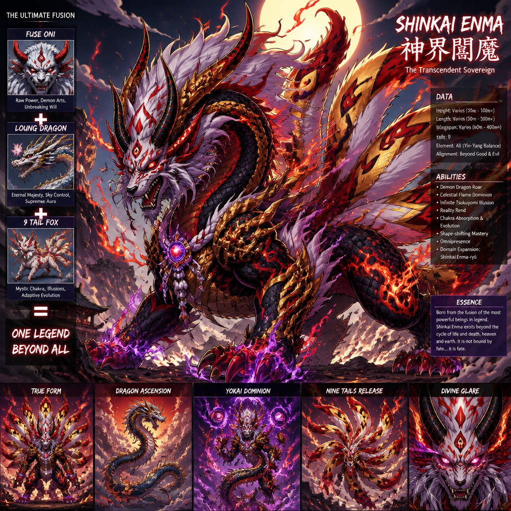 Fuse Oni, loung dragon,9 tail fox into new creature that has all the best appearance from Fuse Oni, loung dragon,9 tail fox.