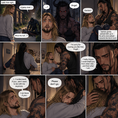 (Recap). Seth Rollins (College student) and Damien Priest (The bad boy) had been dating for 3 months now,Damien had been acting strangely possessive and protective of Seth,Anyone who ever picked on Seth had mysteriously disappeared,Nobody knew why,One night Seth just finished his homework assignment,He was about to get ready for bed,then he heard a scream,He ran outside to investigate,When he got to the source of the scream he saw A petty thief Getting attacked by some sort of demon,Seth got scared,The demon noticed Seth,Seth stumbled backward,The demon slowly walked towards Seth as if it didn’t want to scare him any further,Seth’s heart was pounding with fear,Then the demon spoke “Angel”,Seth’s eyes widened,There was only one person who calls him Angel,“Damien?” Seth asked,Damien Gently picked Seth up in his arms,He walked towards the dorm room with Seth In his arms. (And now Part 5). He arrived at the dorm room with Seth in his arms. He gently put Seth down on the bed. “I’m sorry for scaring you like that Angel” Damien said softly. “I really hoped I could shield you from what I did…and from what I am” Damien continued softly. Seth could tell that Damien was guilty. “..I…I understand if you…don’t want to be with me anymore” Damien said with a sad tone. “I can leave if you-“ Seth cuts Damien off with a hug. “Please don’t go” Seth said softly
