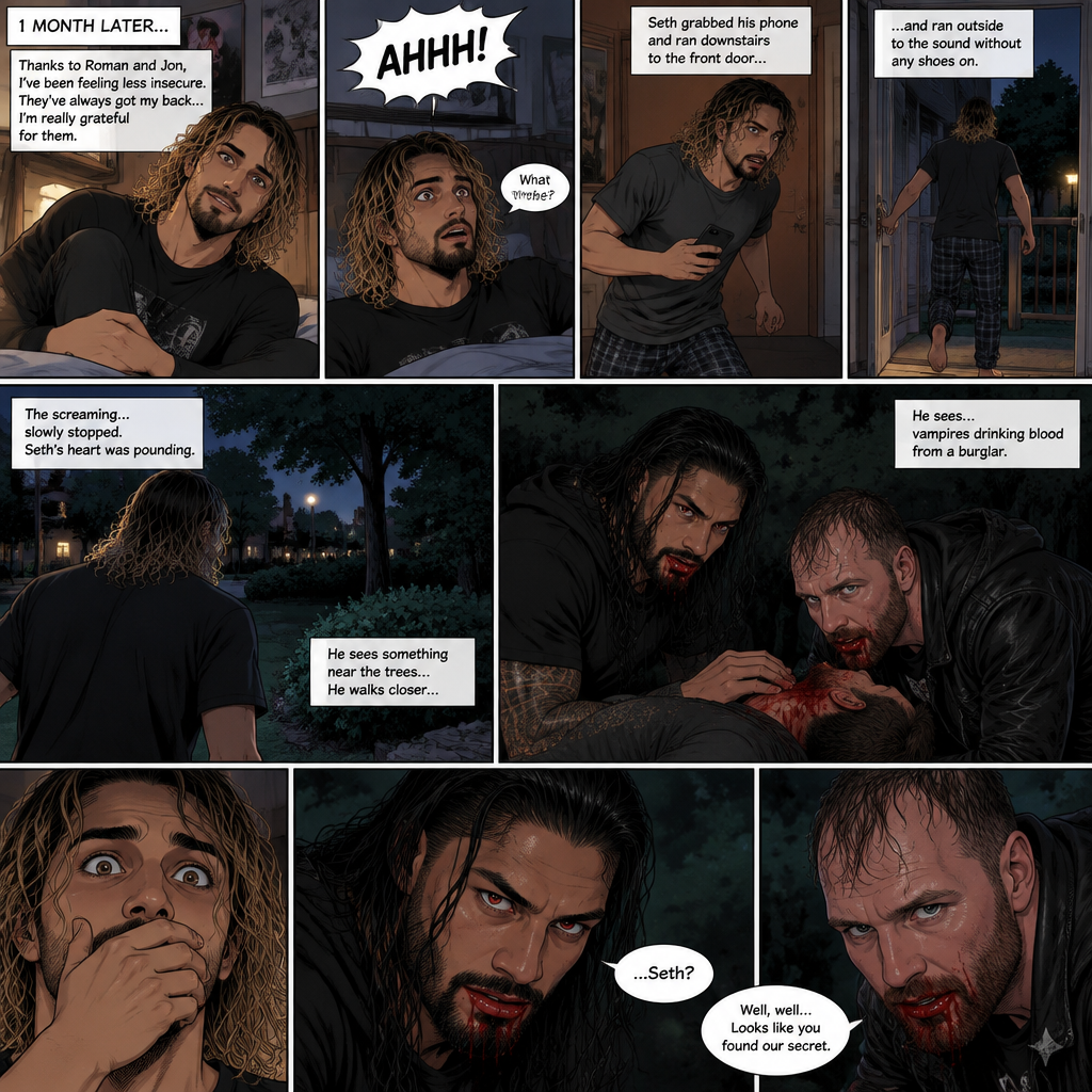 (Recap) Seth Rollins (College student) was at a history class,Then two students came in late,Roman Reigns (College Football Player) and Jon Moxley (bad boy) a.k.a the power couple,Seth thought about approaching them but his insecurity won’t let him,He thought they wouldn’t want be be around someone who was as ugly as him,He focused,Then Roman and Jon sat at two empty desks on each side of Seth,Seth was surprised,They said hello and flirted with him,Seth blushed. (And now part 2). 1 month had passed,Jon and Roman started hanging out with Seth a lot,Little by little Seth started to feel less insecure because of them. If anyone ever picked on Seth Roman and Jon would protect him. One night Seth was in his dorm room getting ready for bed…then he heard a scream coming from outside. “What the?” Seth said. He grabbed his phone,Ran downstairs to the front door,opened it and ran outside to the sound without any shoes on. The screaming….slowly stopped. Seth’s heart was pounding. He sees something near the trees,He walks closer….He sees…vampires drinking blood from a burglar
