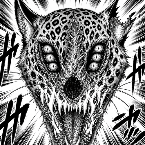 Front view of a lepord face showing teeth Teeth, kind of look like flames Tongue is really spiky, and it goes all the way up towards the eye the eye sockets each have three eyeballs in each eye socket the left ear has a chunk taken off ears are very pointy and look like fur the nose of the fox is gone. It just has a hole there where it should be drawing is