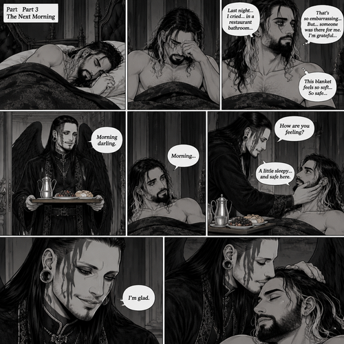 (Recap) Jeff Hardy (The dark angel king) was comforting Seth Rollins in the men’s bathroom of a fancy restaurant after Seth had a panic attack after flashbacks about his childhood and his abusive father,Jeff gently pulled Seth into his embrace,He gently rubbed Seth’s back to try to soothe him while Seth was coughing and crying,After about a minute Seth slowly stopped crying and his body relaxed in Seth’s arms,Jeff was relieved,Jeff slowly picked Seth up in his arms,he walked out of the restaurant,spread his wings and took flight,Seth held on tight. (And now part 3). The next morning,Seth was asleep in Jeff’s royal bedroom,After awhile he  woke up. He slowly sat up,then he rubbed his eyes. He looked at his surroundings,Then memories of last night flashed in his mind. He was a bit embarrassed that he cried in the bathroom…but on the other hand he was grateful that someone was there for him. The blanket on him feels so soft,Then the door opened,Jeff walked in with a trey of food in his hands. “Morning darling” said Jeff. “Morning” Seth said in a sleepy voice. Jeff put the trey of food on the nightstand,then he   Gently caressed Seth’s cheek. “How are you feeling?” Jeff asked softly. “A little sleepy…and safe here” Seth said. Jeff smiled softly. “I’m glad” said Jeff. He gently kissed Seth’s forehead