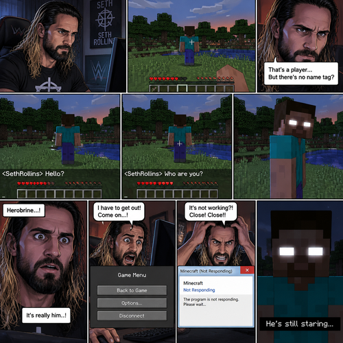 Seth Rollins was playing Minecraft alone on his computer,Then he noticed something. There was a player with a default skin,His back faced Seth. The strange part about it…was there was no name tag above the player. Seth was getting suspicious. He moved his character to the player,Then he typed in the chat bar “Hello?”. The player didn’t respond. Seth typed in the chat bar again “Who are you?”. The player slowly turned around….it wasn’t a player at all….It was Herobrine. Seth was spooked,He’s heard the legend of Herobrine before. He tried to exit the server…But it wasn’t working,He tried to close the game…but it wasn’t working either. Herobrine kept staring at Seth