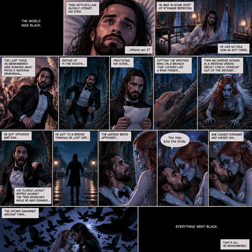 (Part 2 of the corpse bride,Seth x Becky style). The world was black. Then Seth Rollins slowly opened his eyes,He was in some sort of strange bedroom. He has no idea how he got there. The last thing he remembered was running away from a wedding rehearsal,ending up in the woods,Practicing his vows,Putting the wedding ring on a branch that looked like a ring finger,Then an undead woman in a wedding dress (Becky Lynch) crawled out of the ground,He got spooked and ran,His tuxedo jacket ripped against the tree branches while he was running,He got to a bridge thinking he lost her,The undead bride appeared,She gently placed her hands on his shoulders and said “You may kiss the bride”,She leaned forward and kissed him,The crows swarmed around them,Everything went black. That’s all he remembered