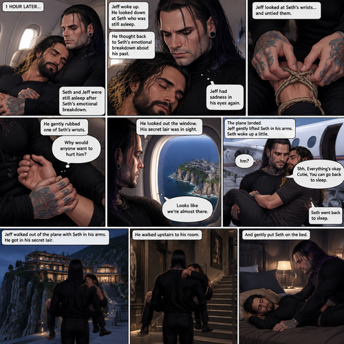 (Part 4). Still on the private plane. 1 hour had passed. The nefarious Jeff Hardy and Seth Rollins (A secret agent) were still asleep after Seth’s emotional breakdown. Seth’s wrists and ankles were still tied up and still in Jeff’s arms. Jeff woke up,He looked down at Seth who was still asleep. He thought back to Seth’s emotional breakdown About his past. Jeff had sadness in his eyes again,He looked at Seth’s wrists…and untied them. He gently rubbed one of Seth’s wrists. “Why would anyone want to hurt him?” Jeff quietly asked himself. Jeff looked out the window,His secret lair was in sight. “Looks like we’re almost there” Jeff said to himself. Jeff could wake Seth up….But he decided to let him sleep more. The plane landed. Jeff gently lifted Seth in his arms. Seth woke up a little “hm?”. “Shh,Everything’s okay Cutie,You can go back to sleep” Jeff said softly. Seth went back to sleep. Jeff walked out of the plane with Seth in his arms,He got in his secret liar. He walked upstairs to his room and Gently put Seth oh the bed