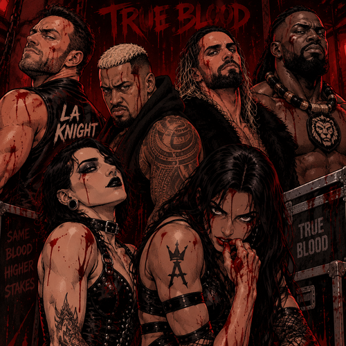 LA Knight,Solo Sikoa,Seth Rollins,Oba Femi,Rhea Ripley and Ari Stone (My wrestler oc) in True blood