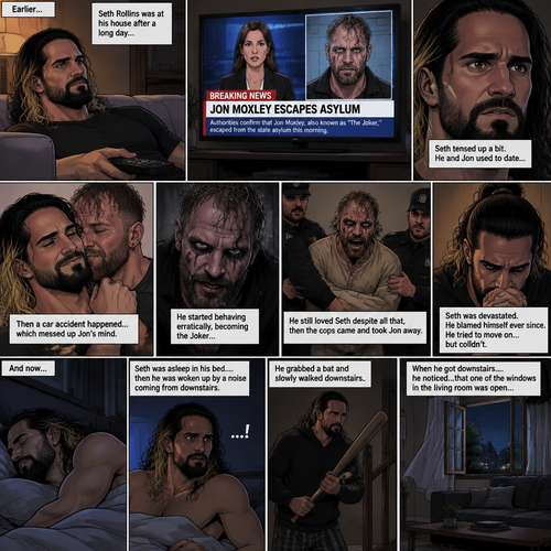 (Recap) Seth Rollins was at his house after a long day,A news report came on tv,The reporter said that Jon Moxley A.KA the Joker had escaped from the asylum that morning,Seth tensed up a bit,he and Jon used to date….then car accident happened witch messed up Jon’s mind,he started behaving erratically becoming the joker,he still loved Seth despite all that,then the cops came and took Jon away,Seth was devastated,he blamed himself ever since,he tried to move on but couldn’t. (And now part 2). Seth was asleep in his bed….then he was woken up by a noise coming from downstairs. He grabbed a bat and slowly walked downstairs,when he got downstairs….he noticed…that one of the windows in the living room was open