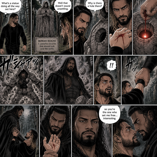 Seth Rollins was walking in the woods near his house,Then…he discovered an old statue Of a man in a cloak (Roman Reigns). “What’s a statue doing all the way out here?” Seth asked himself. He looks at the nameplate “Roman Reigns,A powerful sorcerer that almost took over the world”. “Well that doesn’t sound unsettling” Seth said to himself sarcastically. Then he noticed a hole on the statue. “Why is there a hole there?” Seth asked himself. Then….Seth somehow accidentally cut his hand. A little bit of his blood dripped into the hole,Then…..the hole started glowing,Then the statue….started to crack. Then…the statue broke apart….revealing…the sorcerer himself. Seth was shocked. The sorcerer looked down at Seth. Seth was about to scramble away…but the sorcerer grabbed His wrist before he could get away. He pulled Seth up off the ground by the wrist. He looked at the cut on Seth’s hand. Then he looked back at Seth. Then..the sorcerer spoke “so you’re the one who set me free…interesting”. Seth’s heart was pounding. The sorcerer pulled Seth toward him to get a closer look