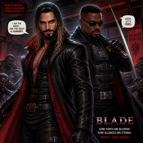 WWE Superstar Seth Rollins as a Vampire in Blade (Movie) (He and blade are working together to protect people)
