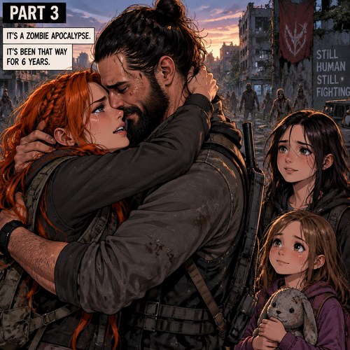 (Part 3)It’s a zombie apocalypse,It’s been that way for 6 years,Becky lynch And Seth Rollins are having an emotional reunion with Raven (A teenage girl) and Sophia (A little girl) watching