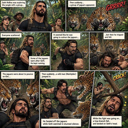Seth Rollins was exploring the jungle with a group,Then suddenly….a group of jaguars appeared. Everyone scattered. Some of the jaguars went after Seth,He kept running. It seemed like he was going to outrun the jaguars….but then he tripped and fell. The jaguars were about to pounce on him….then suddenly…a wild man (Markiplier) jumped in. He fended off the jaguars while Seth watched in stunned silence. While the fight was going on…a tree branch fell…and landed on Seth’s head