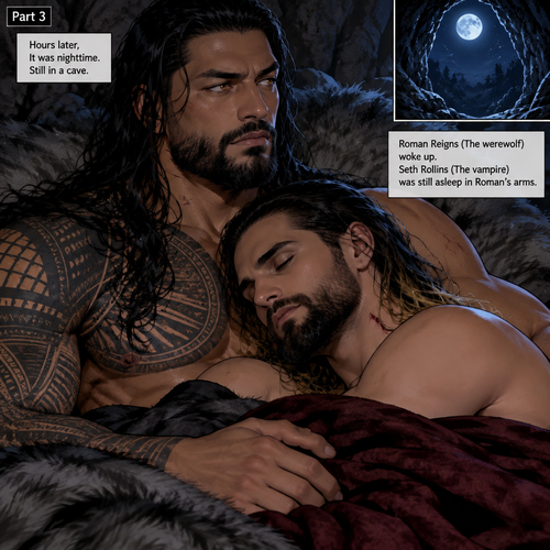 (Part 3 of the Werewolf x Vampire story). Hours later,It was nighttime. Still in a cave. Roman Reigns (The werewolf) woke up. Seth Rollins (The vampire) was still asleep in Roman’s arms