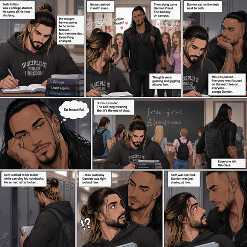 Seth Rollins was a college student,He spent all his time studying. He thought he was going to be alone forever…but then one day….Everything changed. He just arrived In math class,He sat at his usual desk…then along came Damien Priest,The bad boy on campus. The girls were gushing and giggling all over him. Seth was just trying to focus on studying and taking notes. Damien sat on the desk next to Seth. Minutes passed,Everyone was focused on the math lesson…everyone…except Damien. He was focused on only one thing…Seth. He was looking at Seth like he was the most beautiful angel he’s ever seen. “So beautiful” Damien said in his mind. 3 minutes later,The bell rang meaning that it’s the end of class,Everyone left the class. Seth walked to his locker while carrying his notebooks,He arrived at his locker….then suddenly Damien was right behind him. Seth was startled. Damien was just staring at him